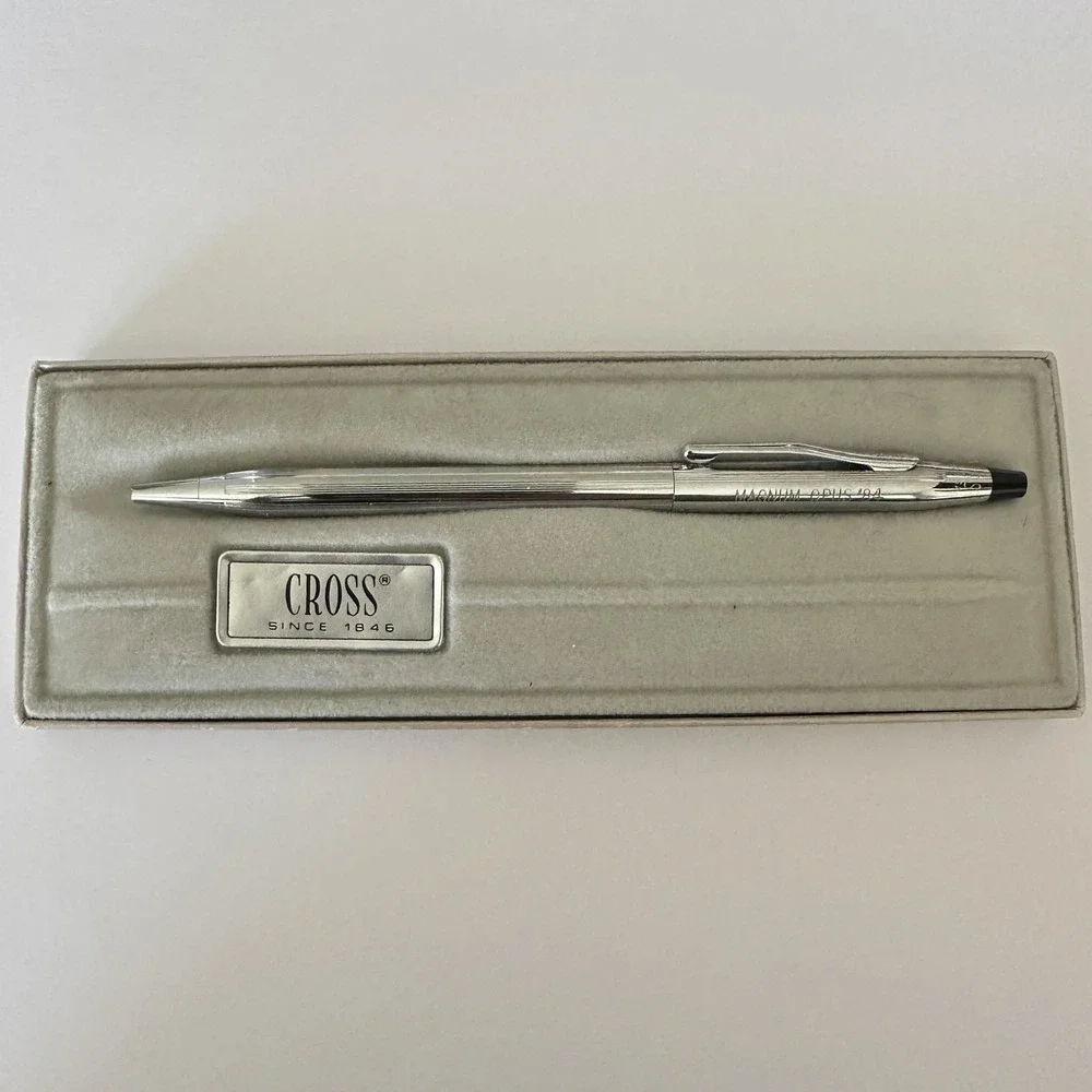 Vintage Cross Chrome Ballpoint Pen Magnum Opus '84 USA Blue Ink W/ Velvet Insert